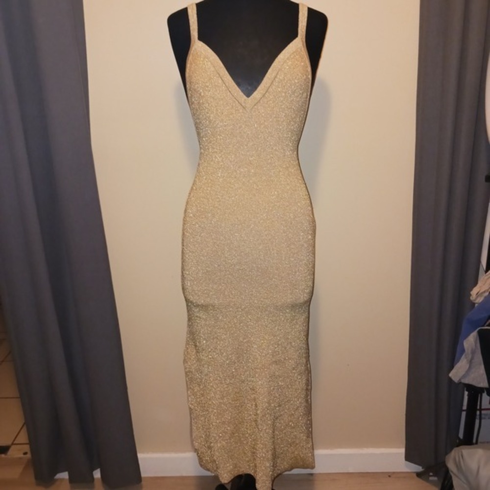 Viviane Furrier Gold Metallic Knit Old Money Cocktail Dress V Neck Party